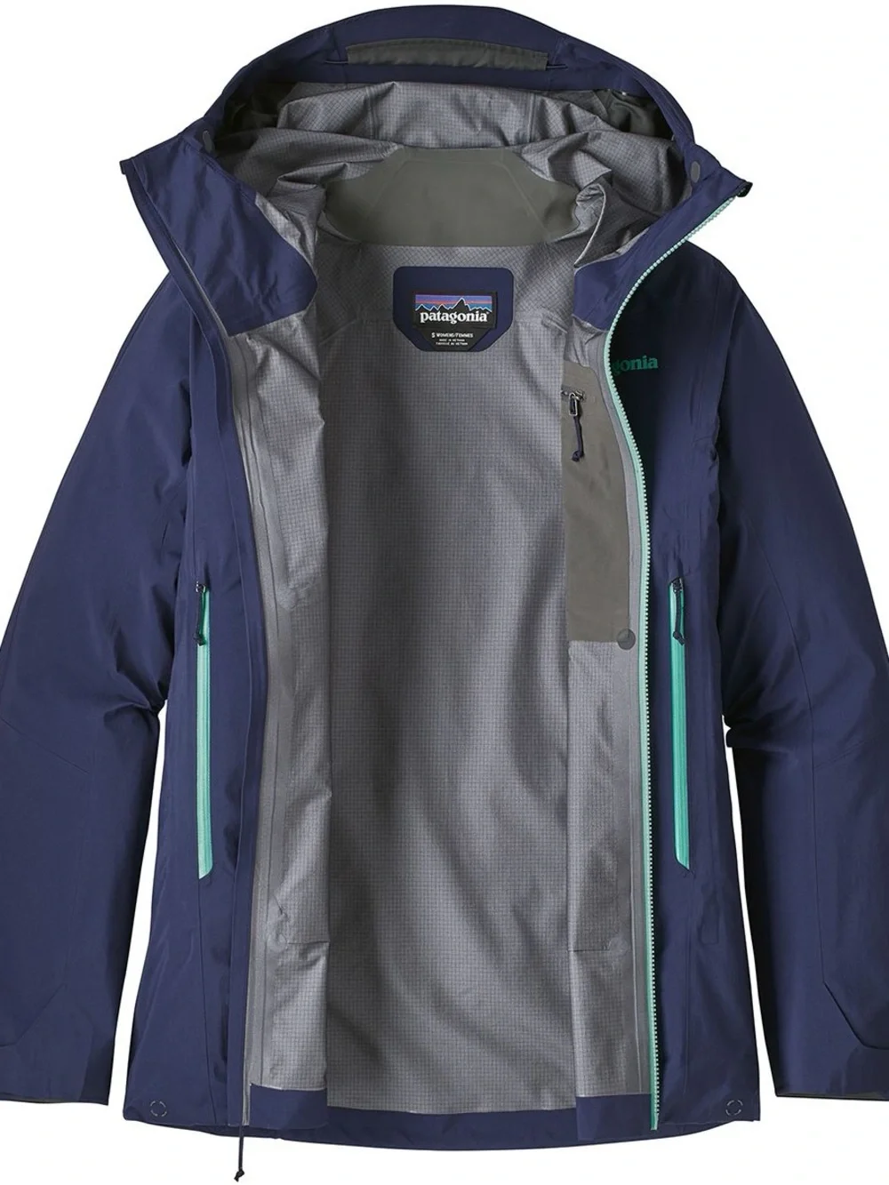 Patagonia Women's Pluma Navy Jacket with Mint Zippers